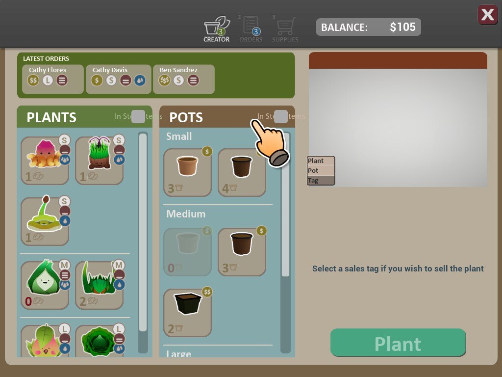 Showing the seeds I can now grow, the ones that are in my catalogue. Also, the orders I have and the pots available. 