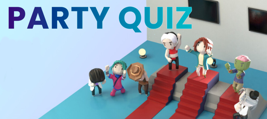 Some avatars cheer on three people in first, second, and third place. The logo for Party Quiz is in the upper left hand corner.