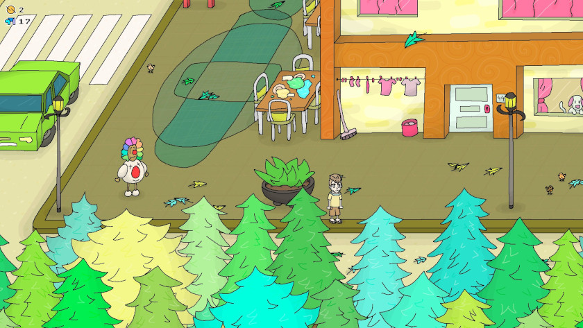 One one of the street corners in TacTac, players can see a clown. There is a house on the corner with a dog in the window. You can also see the street where a car is driving by.