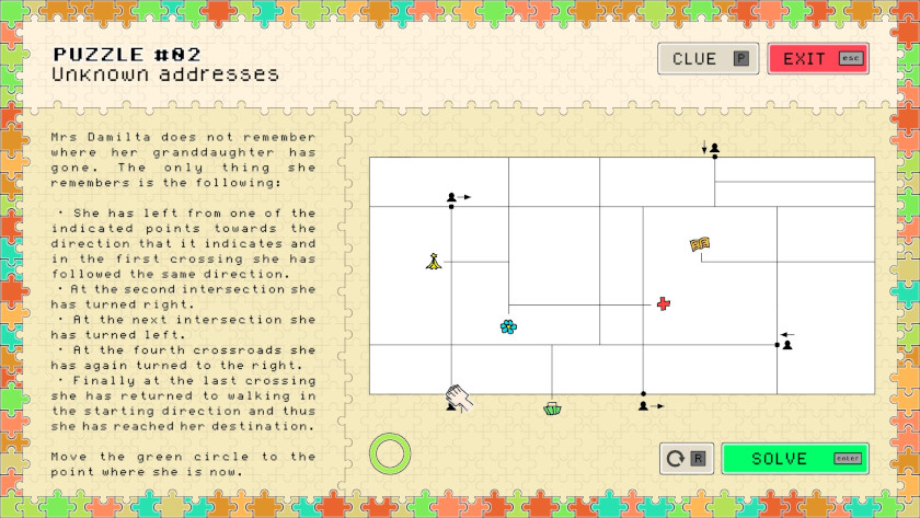 One of the Puzzles from TacTac; it is a series of streets with directions on it. Only one of the four starting points can follow all the instructions and end up in a place.