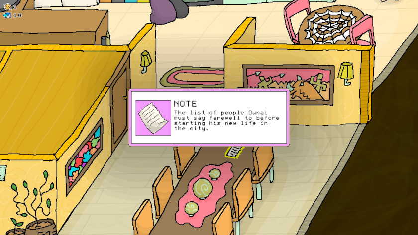 Shows players picking up a note and putting it into their inventory. It says "NOTE: The list of People Dunai needs to say goodbye to before starting his new life in the city."