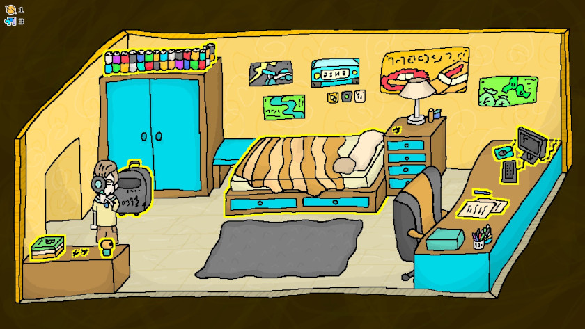 Depicts the main character's bedroom, and all the items that can be clicked on are lit up in yellow as the player uses his magnifying glass to see them.