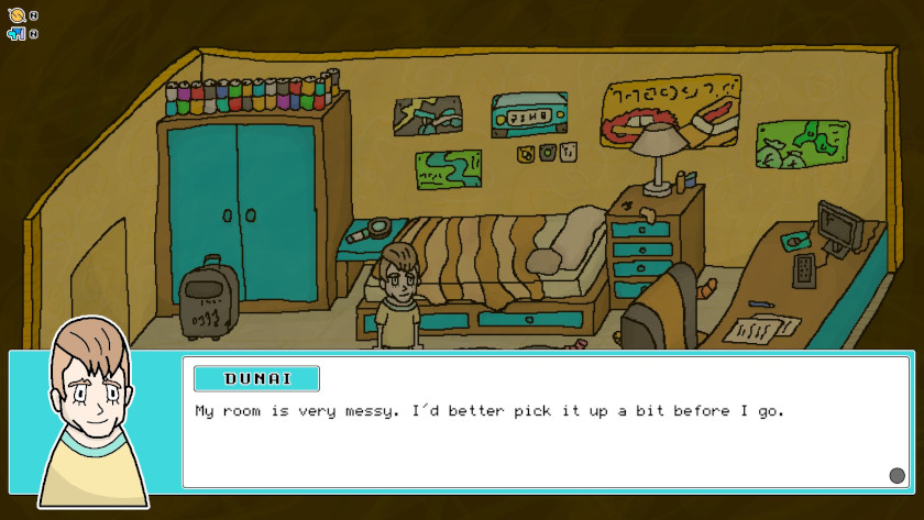 This shows a messy room with a boy main character saying "My room is very messy. I should pick it up before I go."