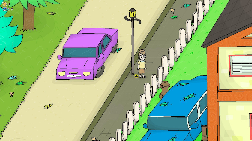 Depicts the main character standing over a puzzle piece near a street lamp.