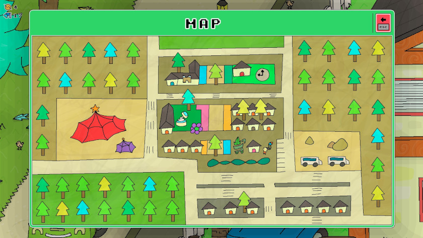 Shows a cartoon map of the town, complete with roads, homes, and a traveling circus that is in town.