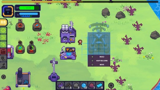 image shows a green island with various machines producting items