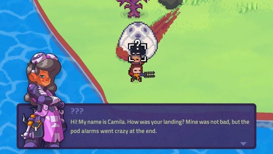 Image shows two NPC’s chatting on a green hex island