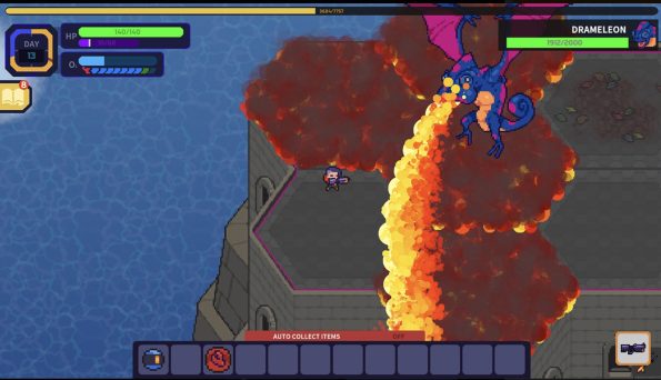 Image shows a boss battle with a large fire breathing dragon.