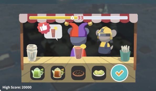 image shows a mix drinks mini-game of a wooden booth with various drinks and two animal characters 