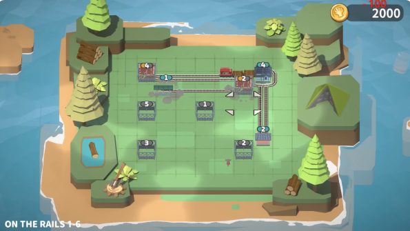 image of one of the puzzles in the game, a green island with train stations and tracks
