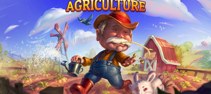 Title image for Agriculture, showing a farmer carrying a watering can and sowing seeds.