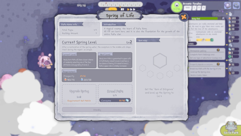 A menu screen holds just one of many upgrade screens, this one for the Spring of Life, the central pillar of the PuPu Home.