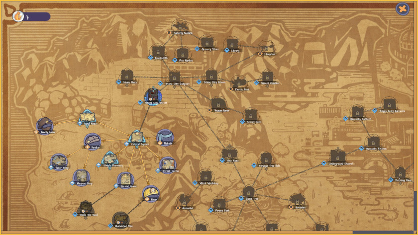 A map of the upgrade system; this system has branching items that spread out from one another, giving players more and more items to unlock.