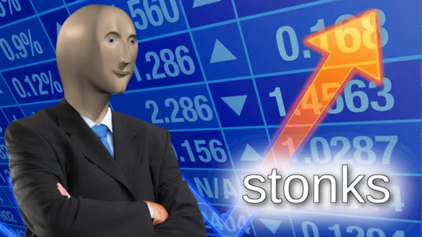 A mannequin in a business suit with its arms crossed, standing in front of a stock photo of the stock market. An arrow points upward, and the word "stonks" is below it.