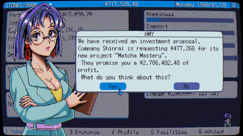 An anime girl with purple hair, an 80's style outfit, and a clipboard tells the player about a potential deal.