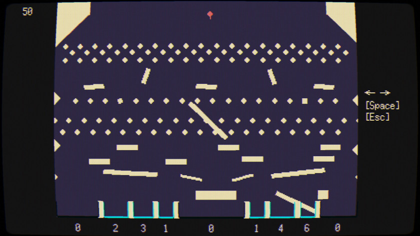 A pixelated pachinko board has spinning and moving obstacles that the balls must make it through to get into the numbered slots at the bottom.