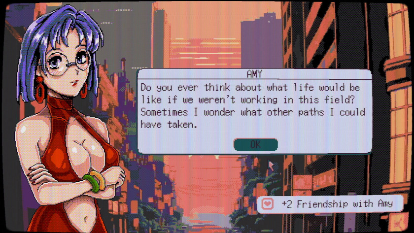 Amy stands in front of a sunset in a revealing red dress, asking the player about what life could have been like.