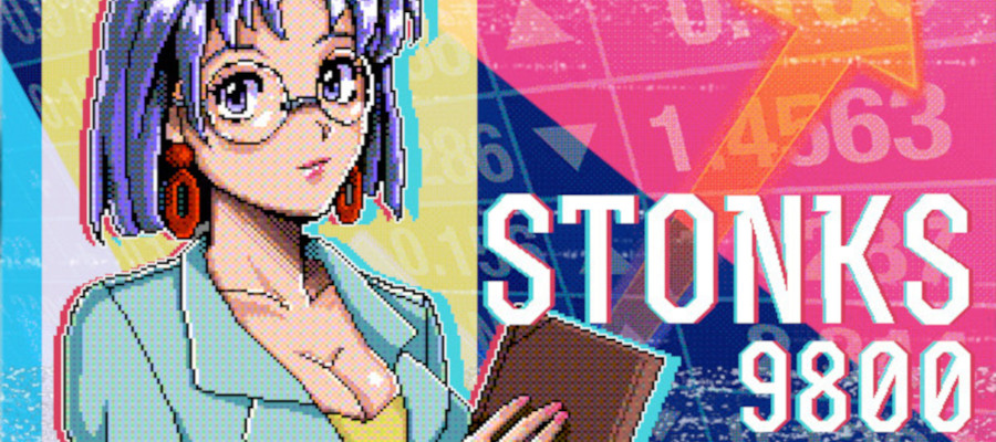 An anime girl with purple hair stands in front of a stock market background with an up arrow. The logo for Stonks 9800 sits in front of the image.