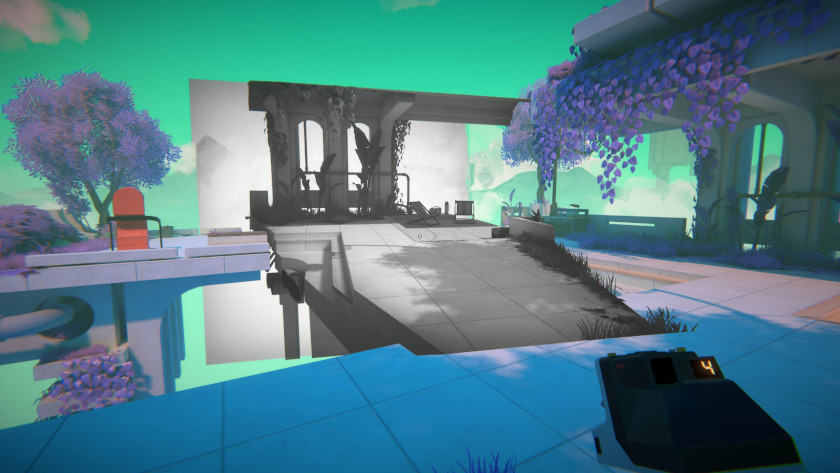 A black and white bridge leads over to a teleporter floating in a teal-colored sky.