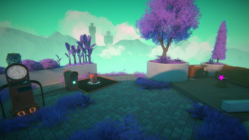 A teleporter sits to one side of a balcony, and a group of tables and chairs sits to the right of them. A small pink star is on the table.