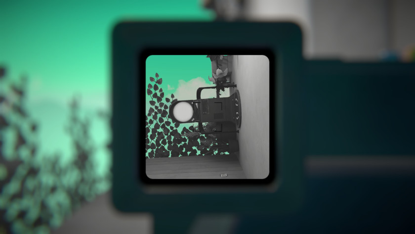 A viewfinder of a camera looking at a sideways teleporter.