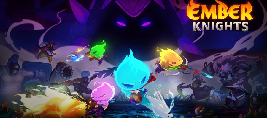 The game's title and 4 ember knights ready for battle with a sinister dark force watching over them