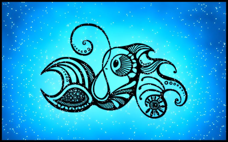 A picture of a sea creature, done in black onto a bright blue background