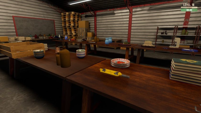a image of a flea market which looks very quiet, some tools can be seen on the bench