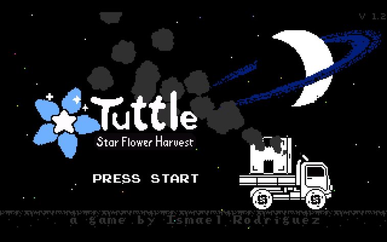 The start page for Tuttle Star Flower Harvest showing a black screen depicting night with white moon and a white truck with a box in the back, 