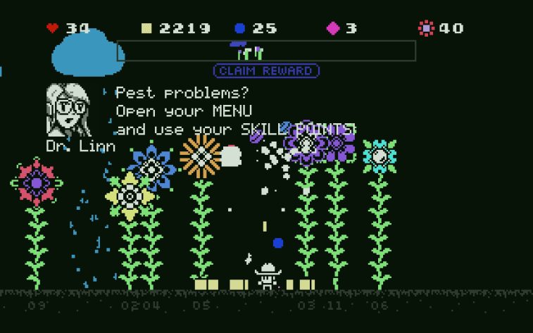A black field with pixel flowers and the little farmer