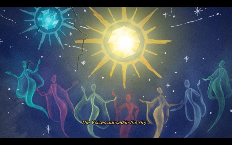 Differently colored humanoid figures dancing around two suns - blue and yellow