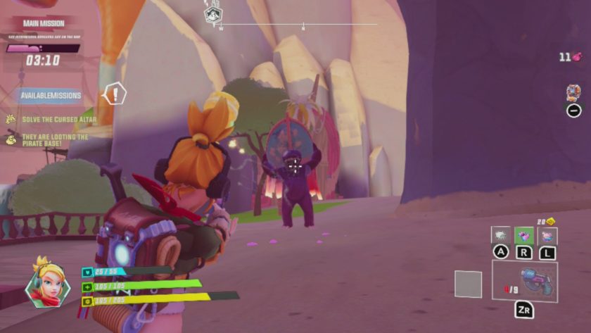 April aiming at a very angry alien