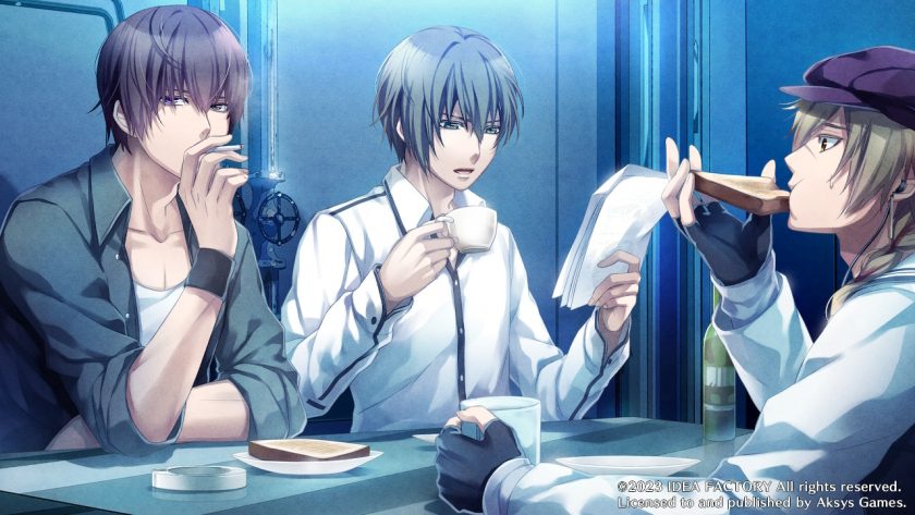 Three men, also called the "anti-world" club, having breakfast together