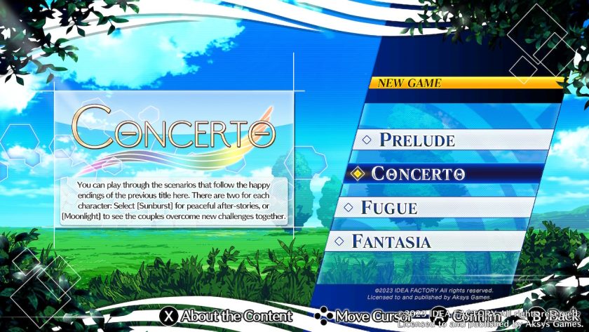A screen with all the different stories you can play: Prelude, Concert, Fugue and Fantasia