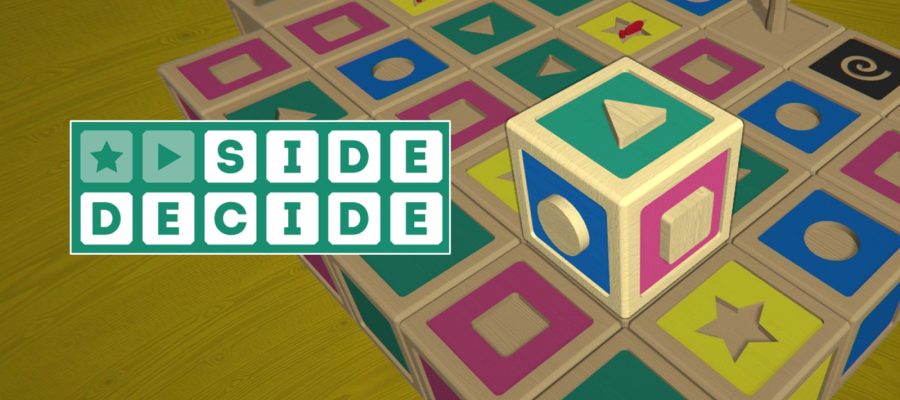 Title image for Side Decide showing a cube which has raised shapes on it, resting on a board with similar cut out shapes.