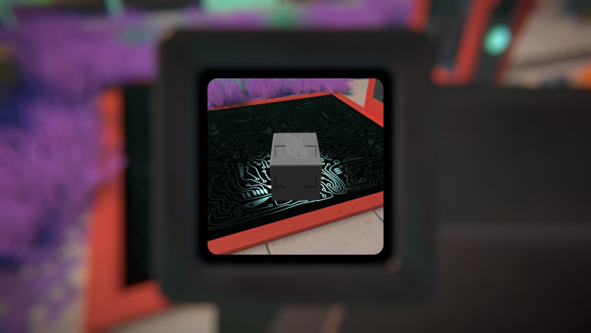 A camera's viewfinder is focused on a battery.