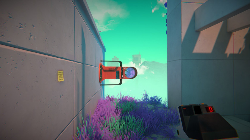 A teleporter sits sideways against a teal-colored sky.