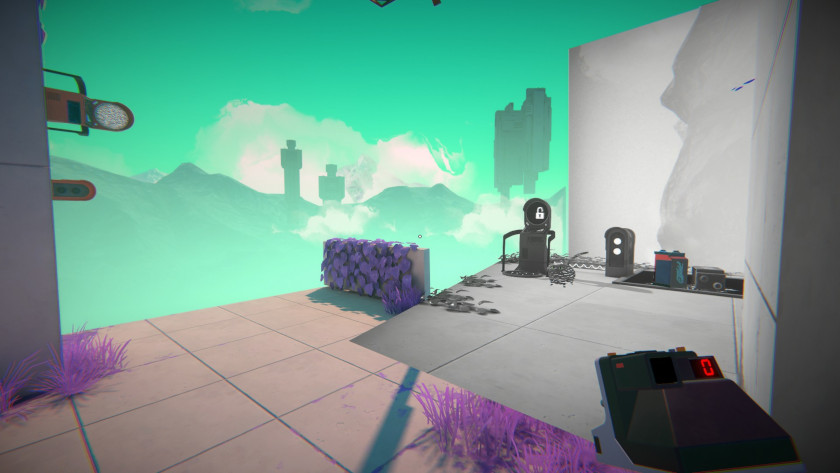 A teleporter in black and white sits next to a color one with two batteries charging it.