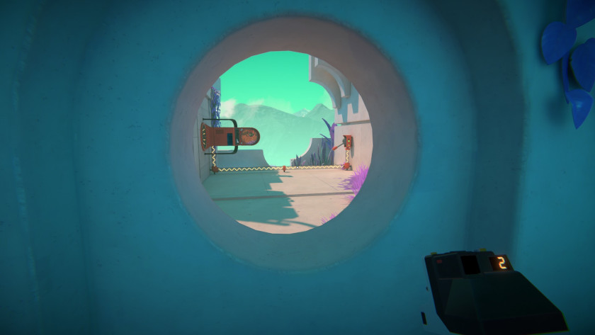 A teleporter is sideways through a round window.