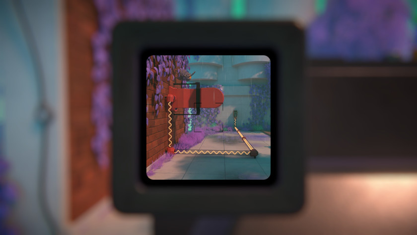Through a camera's Viewfinder, there is a turned-on teleporter that is rotated on the left wall.