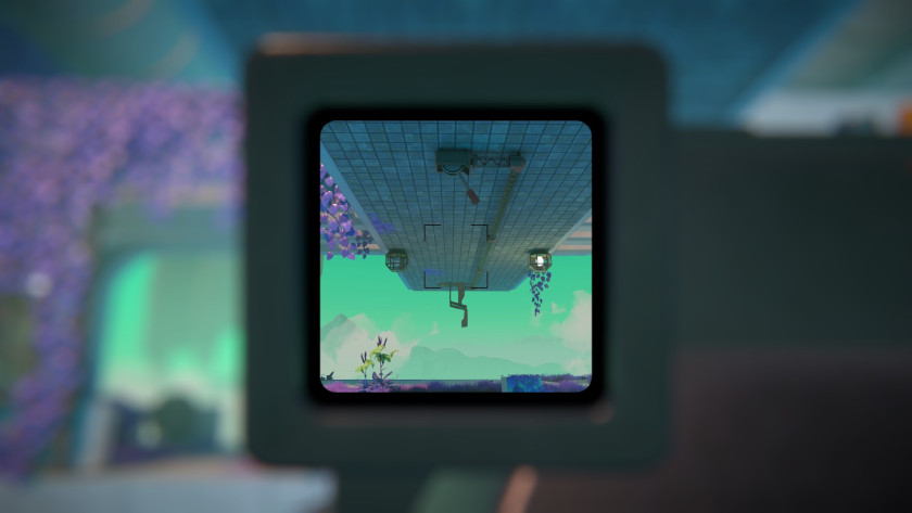 A ceiling with a teleporter and a switch is in the view of a camera's viewfinder.