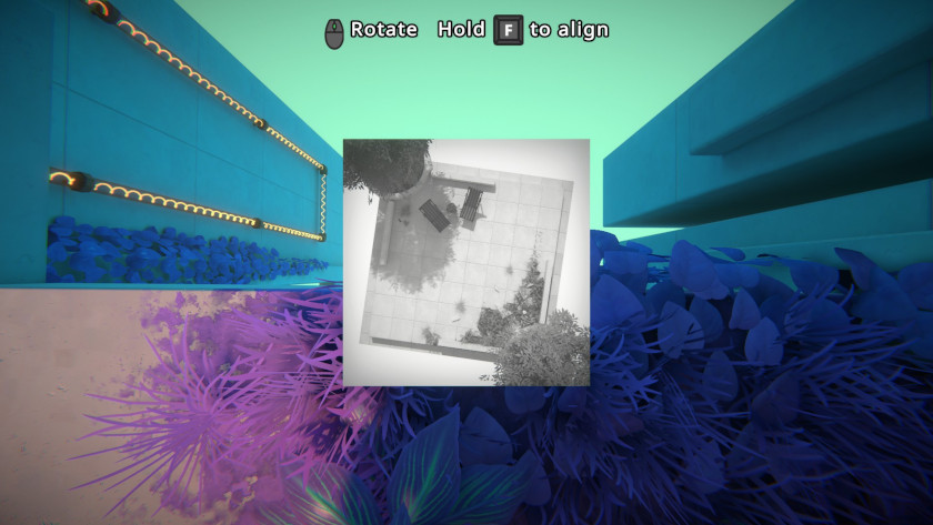 An overhead picture of a room is below the player's feet.