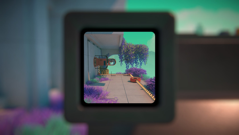 A viewfinder shows a sideways teleporter charged by wires.