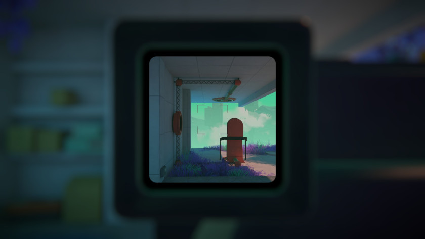 A viewfinder sees a teleporter and a charging pad connected by wires.