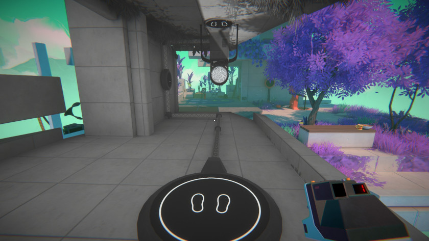A viewfinder sees a teleporter and a charging pad connected by wires.