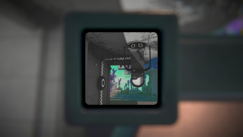 A viewfinder sees a teleporter and a charging pad connected by wires.
