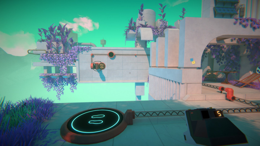 A standing charger is in front of a sideways teleporter and a timer.