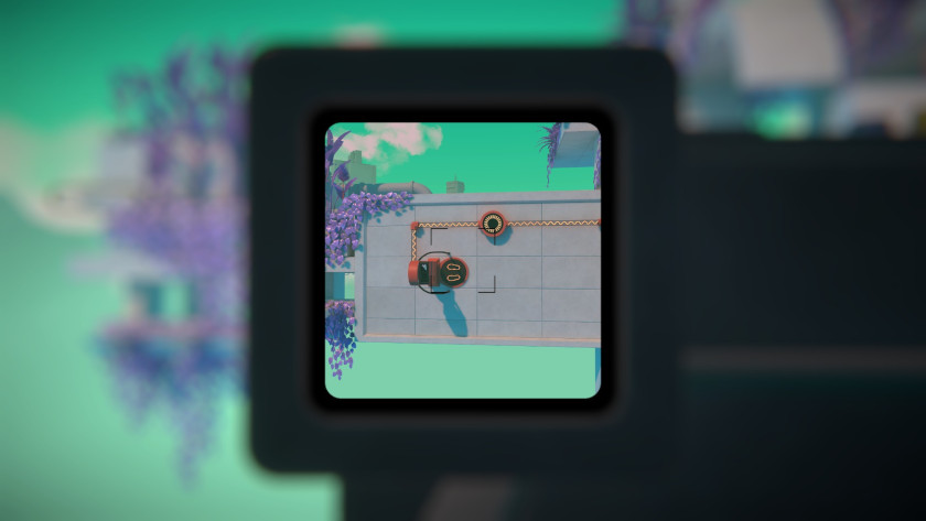The viewfinder shows a teleporter and a timer.