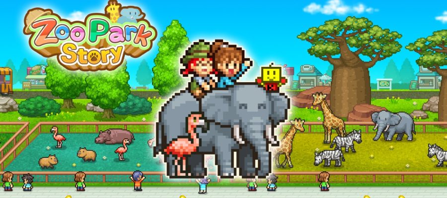 Title image for Zoo Park Story showing characters riding an elephant.