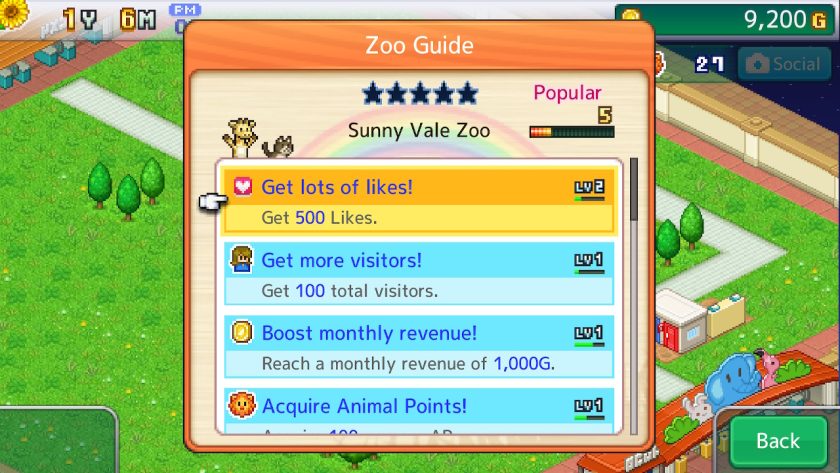 Zoo Guide menu, listing the targets to increase popularity, e.g. getting 500 likes, 100 visitors, monthly revenue of 1,000G